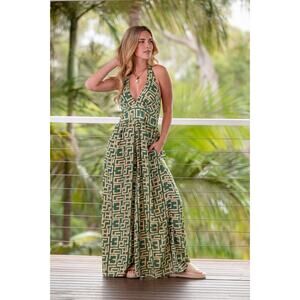 Cienna Geo Hatler Silk Blend Maxi Flare Jumpsuit Green Size Small